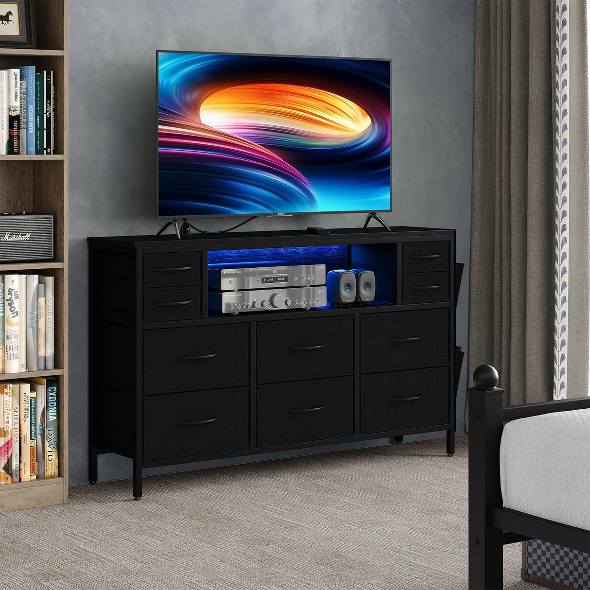 CollaredEagle 10-Drawer Dresser with Charging Station, Storage Drawers with LED, TV Stand for up to 55inch TV, Fabric Chest of Drawers for Closet, Living Room,Entryway, Bedroom, Black CollaredEagle