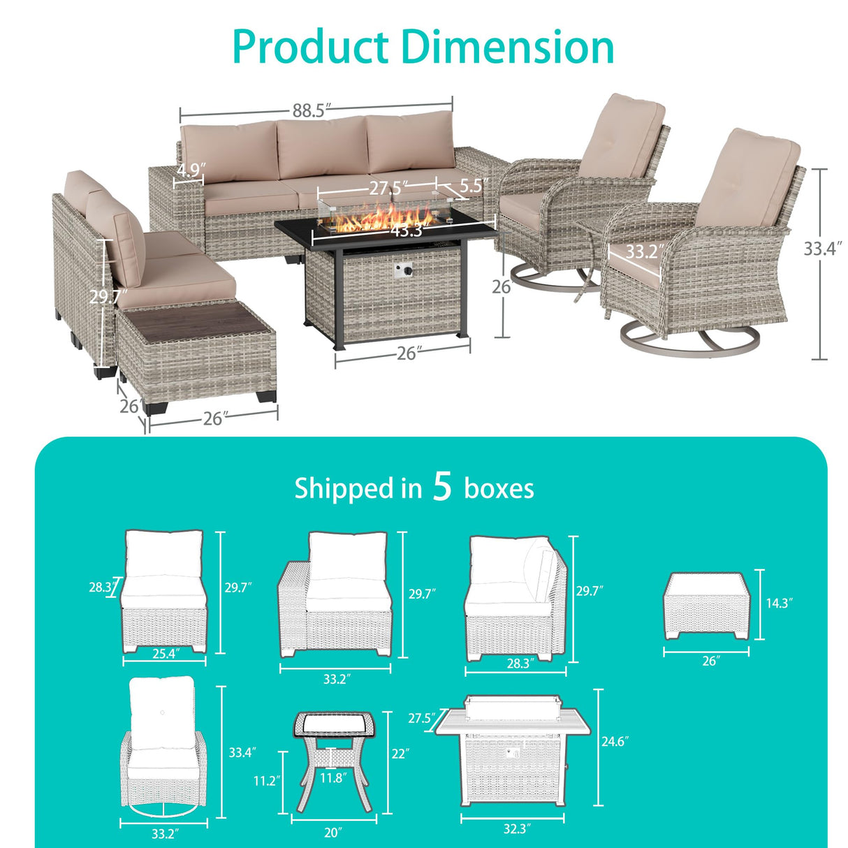 Muphyers 10-Piece Outdoor Patio Furniture Set with Rocking Swivel Chair, PE Wicker Rattan Sectional Sofa Patio Conversation Set with 55,000 BTU Fire Pit Table & Coffee Table, Sand Muphyers