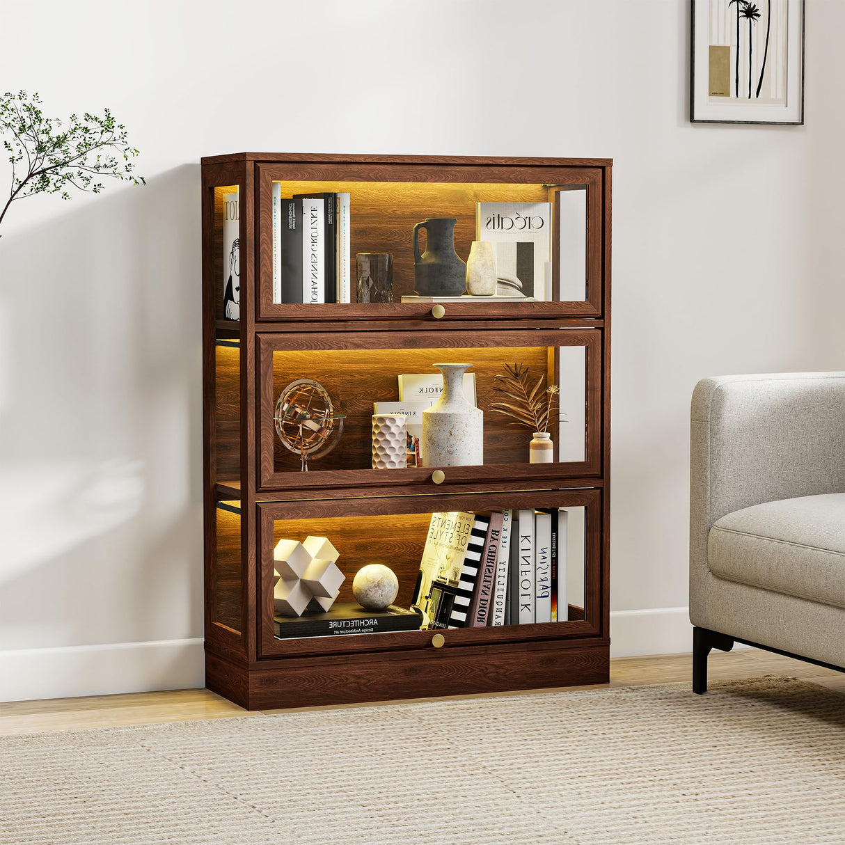 Boniture Display Cabinet with Acrylic Glass Doors,3-Tiers Curio Cabinet with LED Lighting for Collectibles, Collectibles Toy Organizers Rack & Display Shelf Display Case Storage Cabinet,Walnut BONITURE