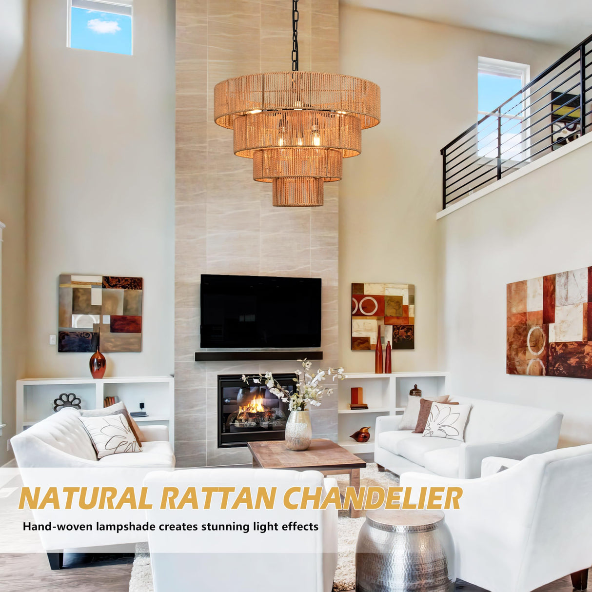 AyshwillDec 6-Light 24" Woven Boho Chandelier for Bedroom Rattan Light Fixture Wicker Pendant Light Large Rattan Pendant Light with 4-Tier Woven Shade Drum Light Fixture for Living Room Entryway AyshwillDec