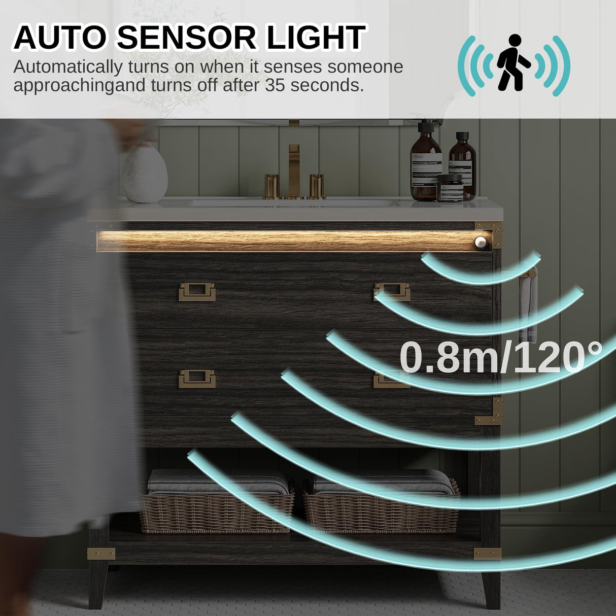 IRONCK 36" Bathroom Vanity with Sink, Wood Bathroom Vanity with Motion Sensor Light, Freestanding Bathroom Cabinet with 2 Drawers & Open Shelf, Easy Assembly, Walnut IRONCK