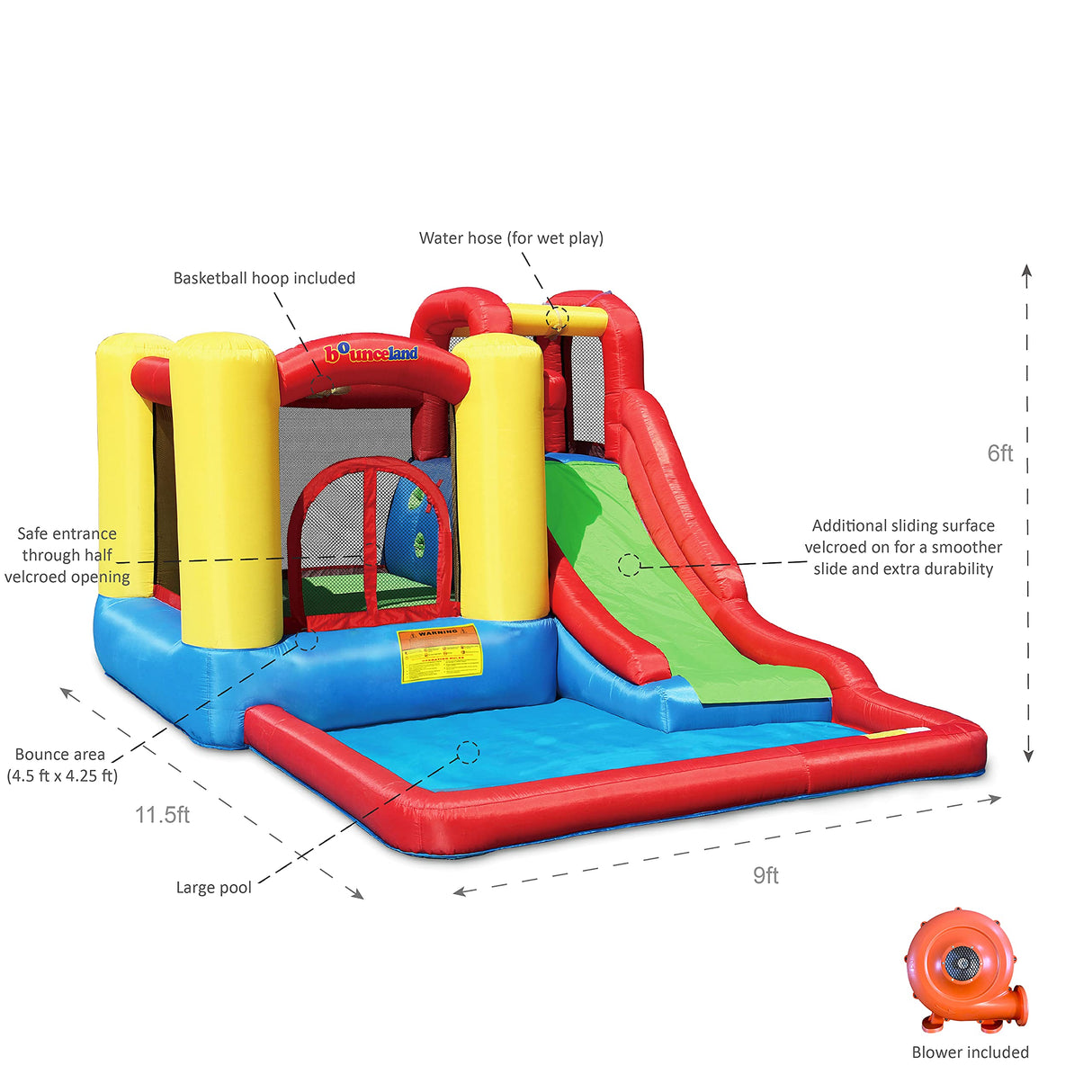 Bounceland Jump and Splash Adventure Bounce House or Water Slide All in one, Large Pool, Fun Bouncing Area with Basketball Hoop, Long Slide with Climbing Wall, UL Certified Blower Included Bounceland