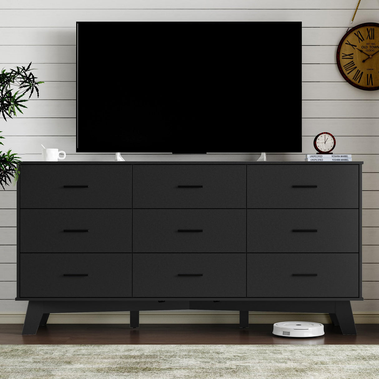 BORNOON Dresser for Bedroom with 9-Drawer, 59" Wide Modern Chest of Drawers with Metal Handles, X-Shape Base & Adjustable Center Leg, Anti-Tip Closet Organizers and Storage BORNOON