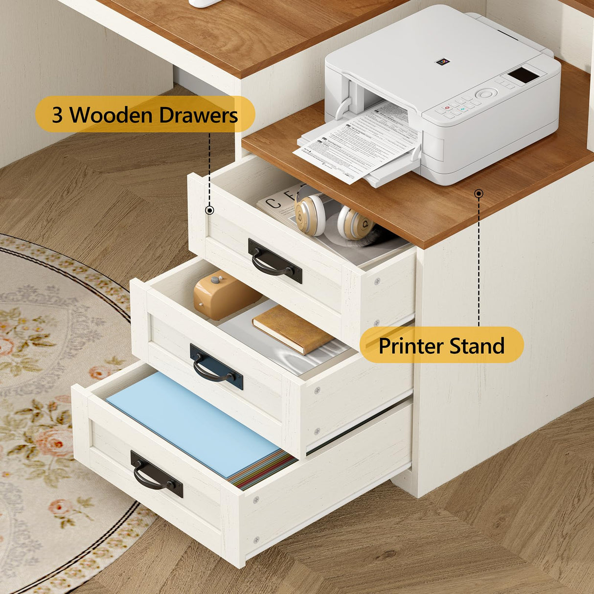 TVU Farmhouse Computer Desk with Drawers, 65'' Home Office Desk with Power Outlets, Storage Cabinet and Printer Stand, Study Writing Desks with Long Monitor Stand, White TVU