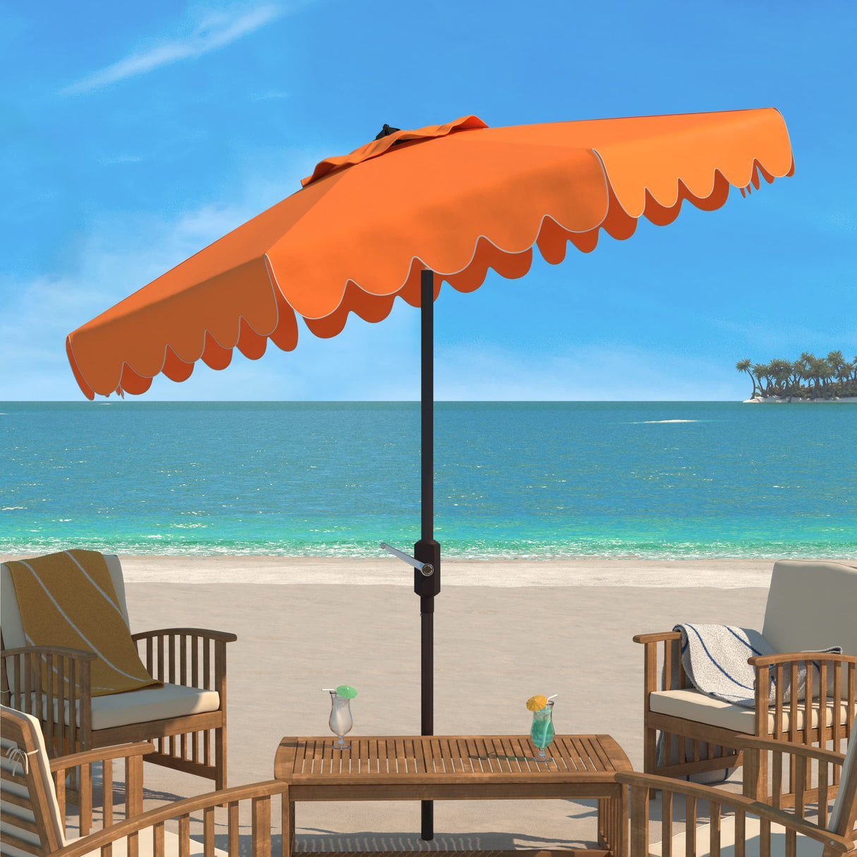 SAFAVIEH PAT8010A Collection Venice Navy and White Single Scallop 9Ft Crank Outdoor Push Button Tilt Umbrella Safavieh