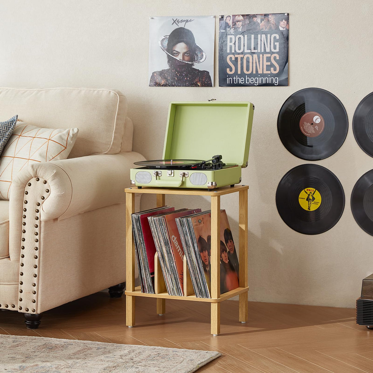 LELELINKY 2-Tier Bamboo Record Player Stand with Vinyl Record Storage up to 100 Albums, Bedroom Record Holder and Multi-Functional End Table for Living Room, Natural LELELINKY