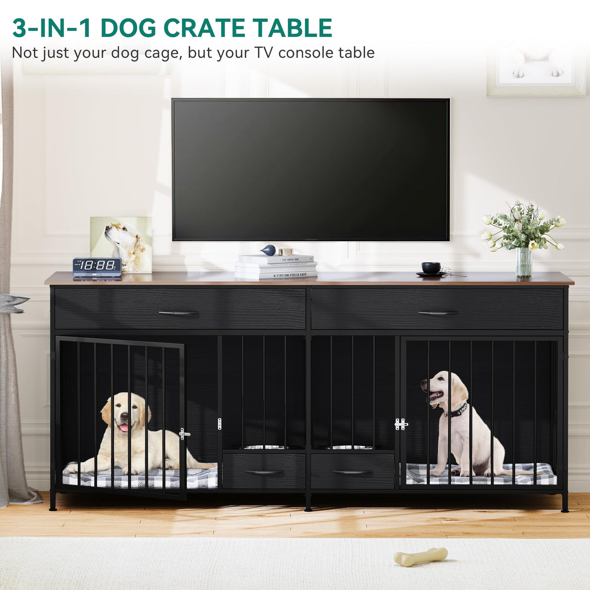 YITAHOME Double Dog Kennel Furniture TV Stand,Indoor Dog Crate Furniture Large Breed with Storage&Dog Feeder, 74.8" Inch Wooden Decorative Dog Kennel YITAHOME