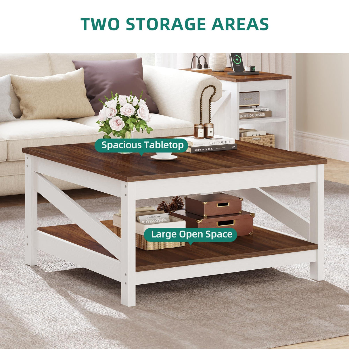 YITAHOME Farmhouse Coffee Table,Square Coffee Tables for Living Room,White Coffee Table with Storage,Wood Coffee Table with Sturdy Shelves,White YITAHOME