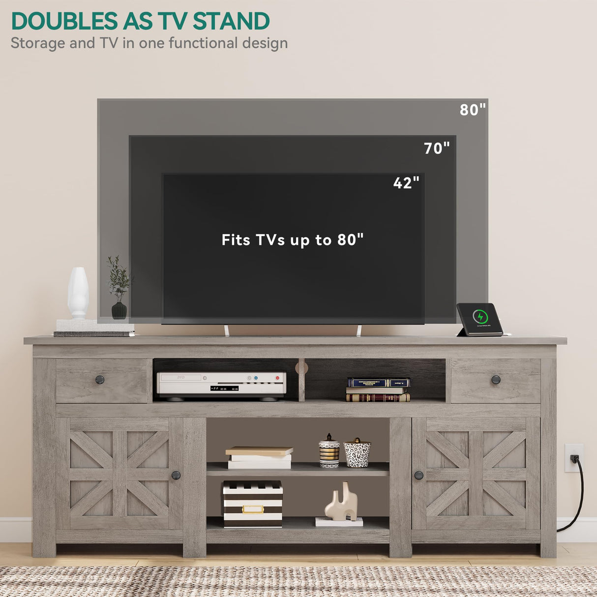 YITAHOME TV Stand for 75/80 Inch TV, Farmhouse Entertainment Center with Storage, 70 Inch TV Cabinet with Drawers and Power Outlet, TV Console for Living Room (Grey Oak) YITAHOME