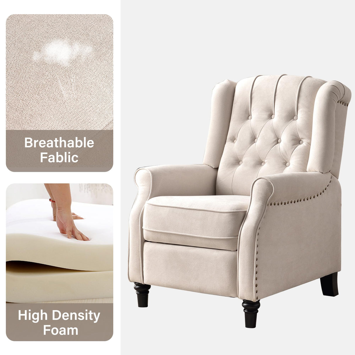 Bonzy Home Push Back Recliner Chair, Mid Century Modern Wingback Chair, Comfy Armchair Fabric Living Room Chairs with Rivet Decoration, Button-Tufted Back, Solid Wood Legs, Beige Bonzy Home