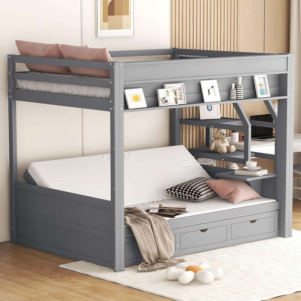 Harper & Bright Designs Full Over Full/Futon Bunk Beds with Stairs and 3 Drawers, Built-in Shelf, Bottom Bed can be Converted into Daybed, Solid Wood Bunk Bed Frame - Gray Harper & Bright Designs