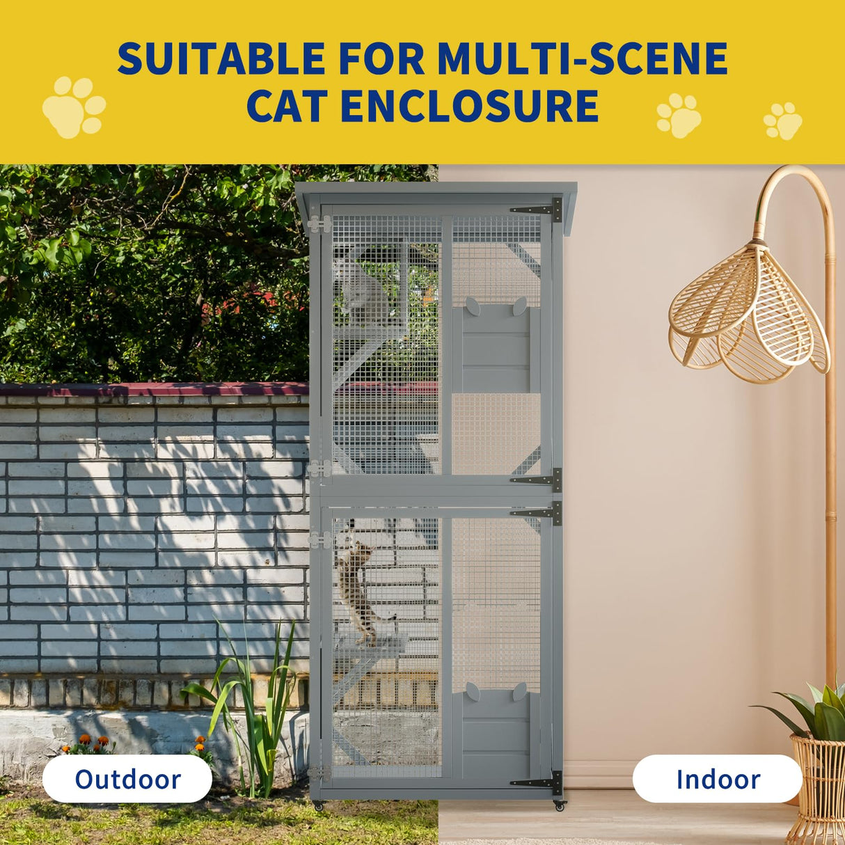 Catio, Outdoor Cat Enclosure with 3 Platforms, Outdoor Cat House with Fir Wood, Weatherproof Kitty Catio with Resting Box, 4 * 360° Wheels DEYGIA