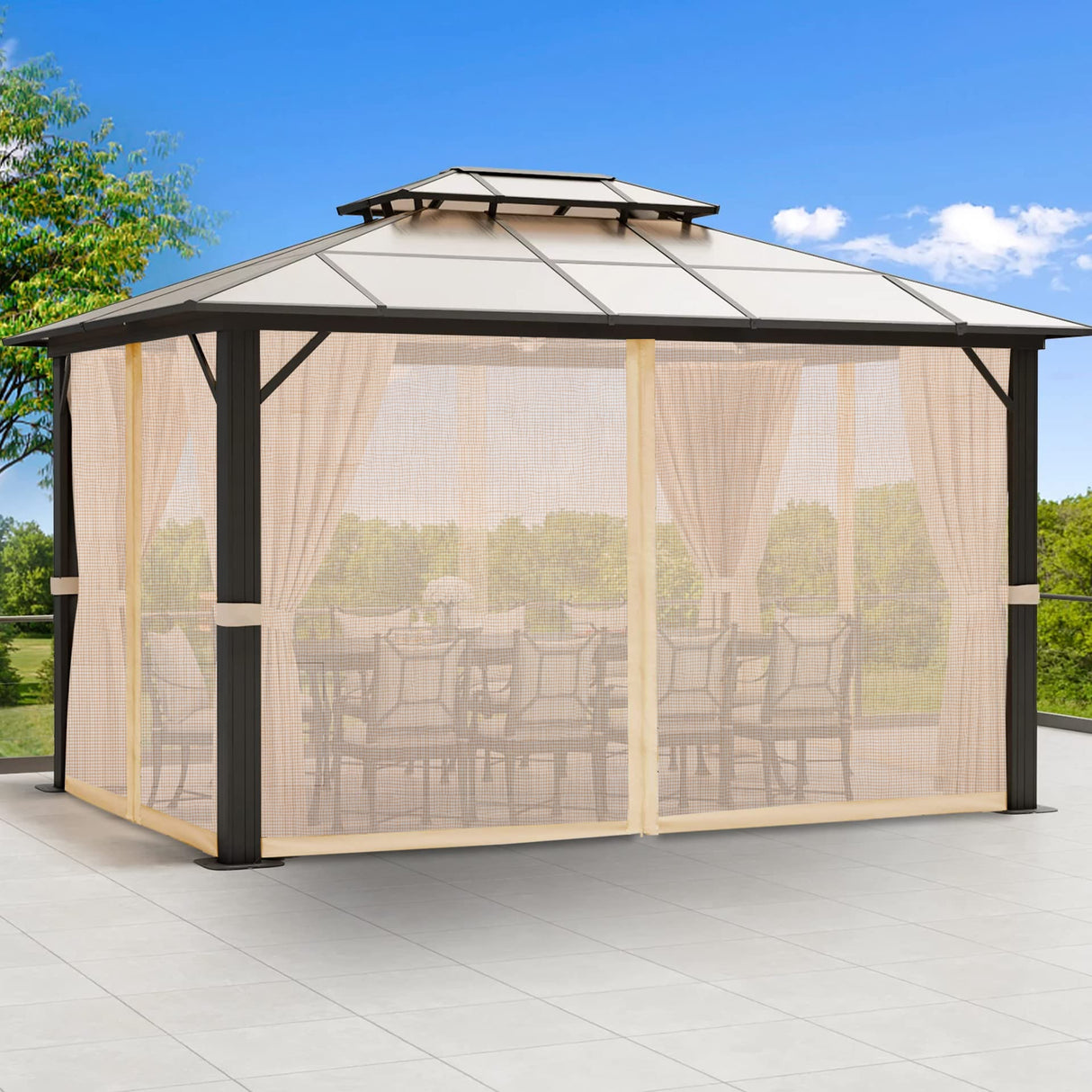 Coverify Replacement Gazebo Mosquito Netting 10x10FT, Universal Outdoor Pergola 4-Panel Patio Screen Walls with Zipper (Mosquito Netting ONLY, Brown) Coverify