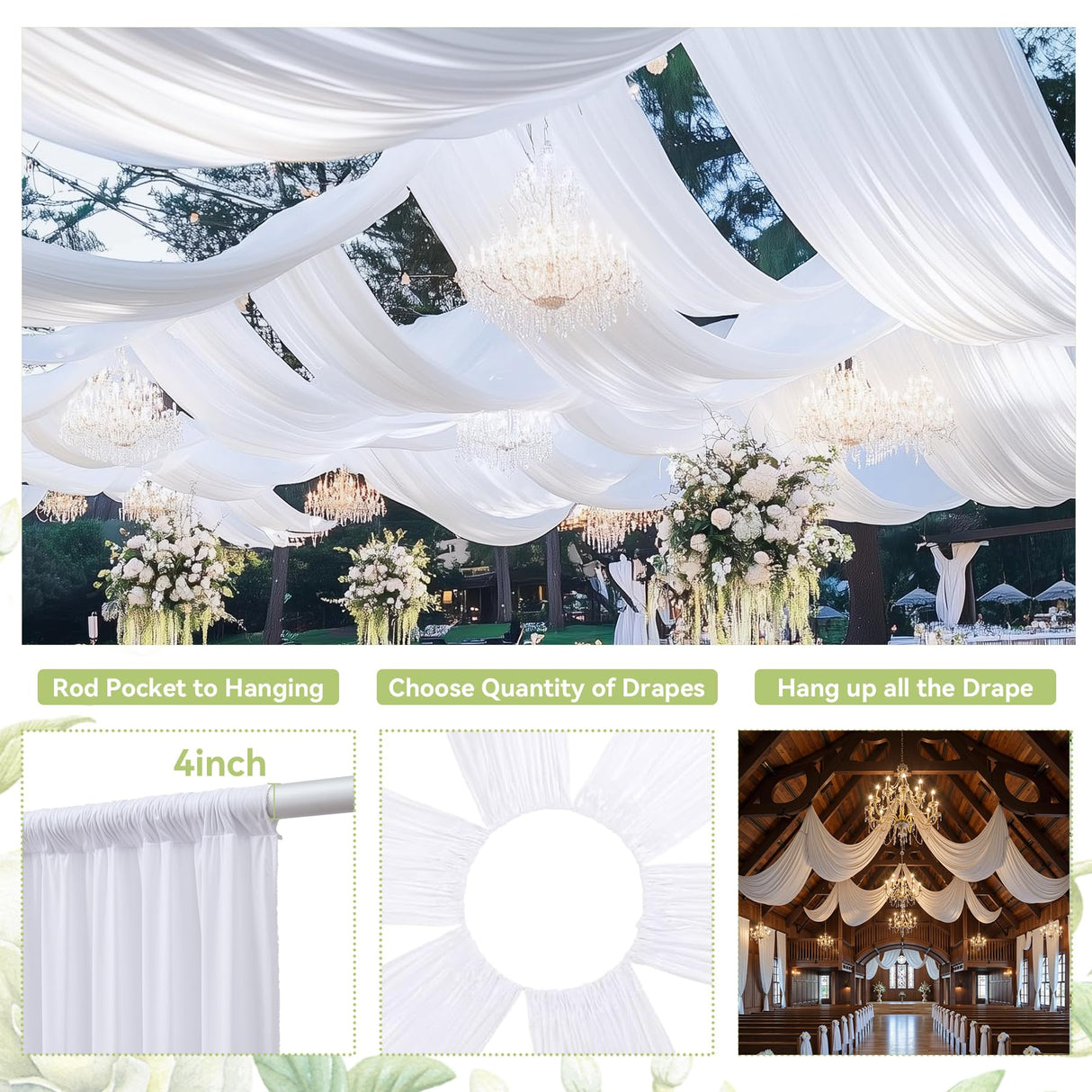 Party Village 40ftx20ft White Ceiling Curtain for Wedding Parties – 8 Panels Wrinkle-Free 20 FT Long Tent Draping Curtains for Wedding, Birthday & Theme Parties, 20ft Height with Rod Pocket Party Village