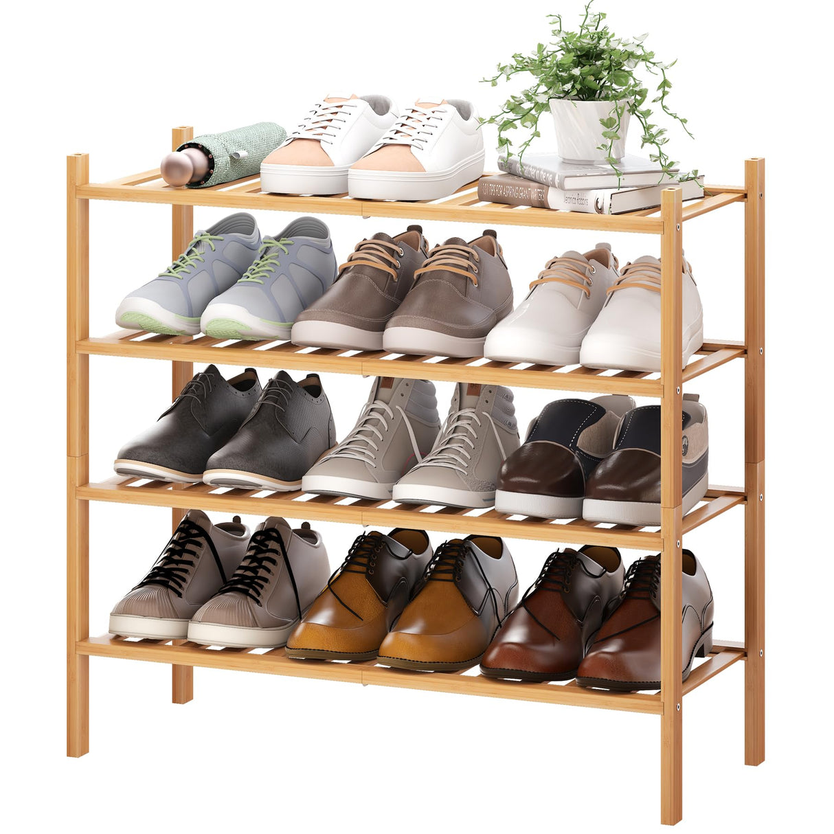 BMOSU 4-Tier Bamboo Shoe Rack Premium Stackable Shoe Shelf Storage Organizer for Hallway Closet Living Room Entryway Organizer (Natural Bamboo) BMOSU