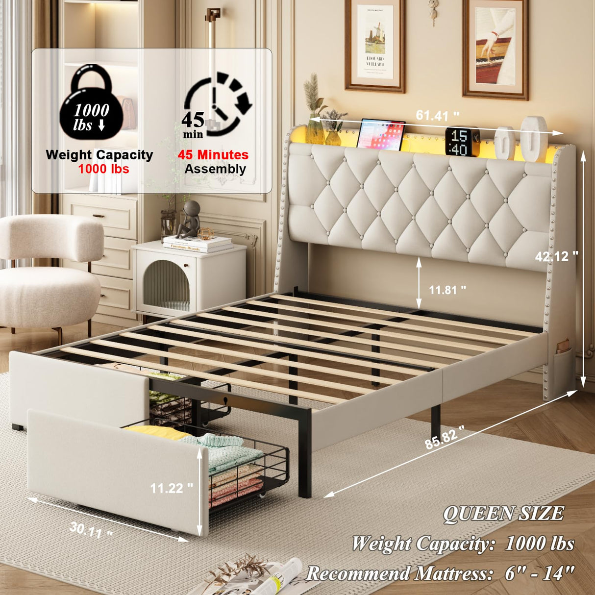 Queen Bed Frame with Storage Headboard and 2 Drawers, Upholstered Button Tufted Platform Bed Frame Queen Size with LED Lights, Charging Station, No Box Spring Needed, Noise Free, Easy Assembly, Beige TIGUBFRE