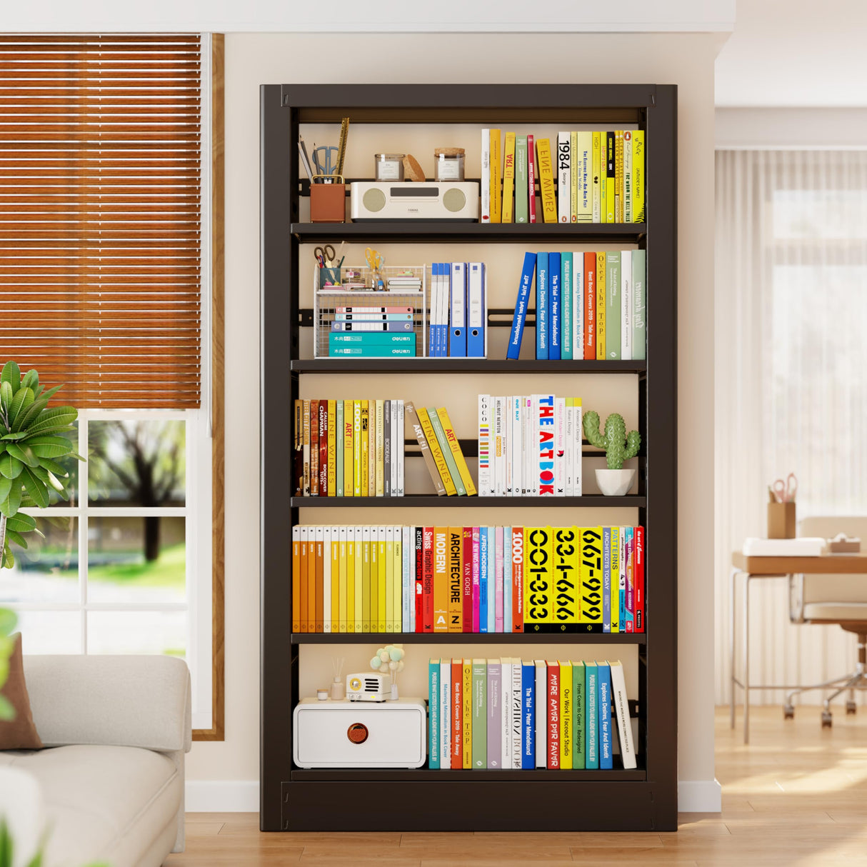 OpolQif Bookshelf, 5-Tier Bookshelf Metal Sturdy Bookcase,71" H Tall Black Bookcase with Adjustable Shelves, Heavy Duty Bookshelf for Living Room, Library, School, Study, Home Office OpolQif