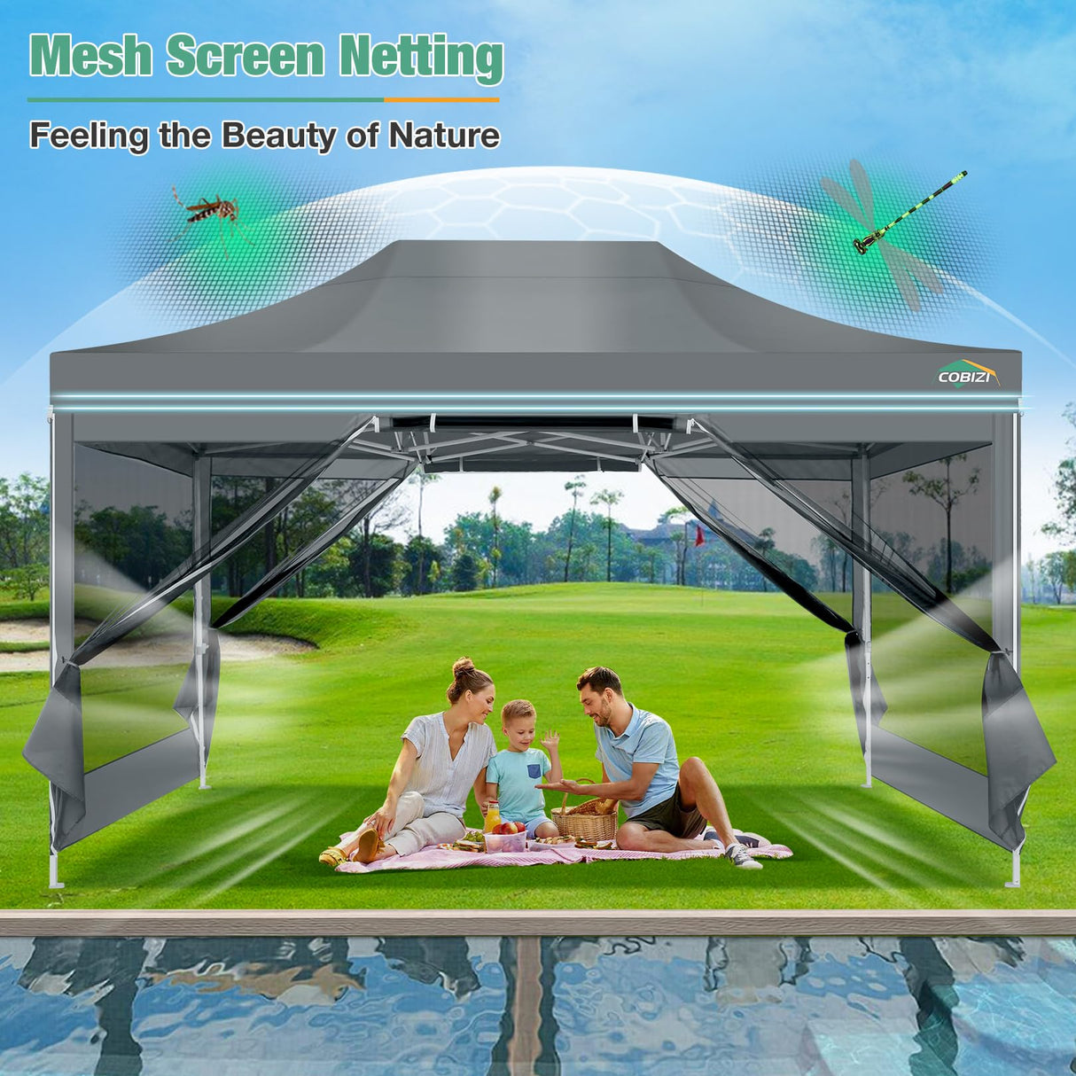 COBIZI 10x15 Canopy Tent, Heavy Duty Pop up Canopy with Sidewalls, Waterproof Easy Setup Canopy with Mosquito Netting, Outdoor Instant Screen Tents for Parties, Wedding, Backyard with Carry Bag, Gray COBIZI