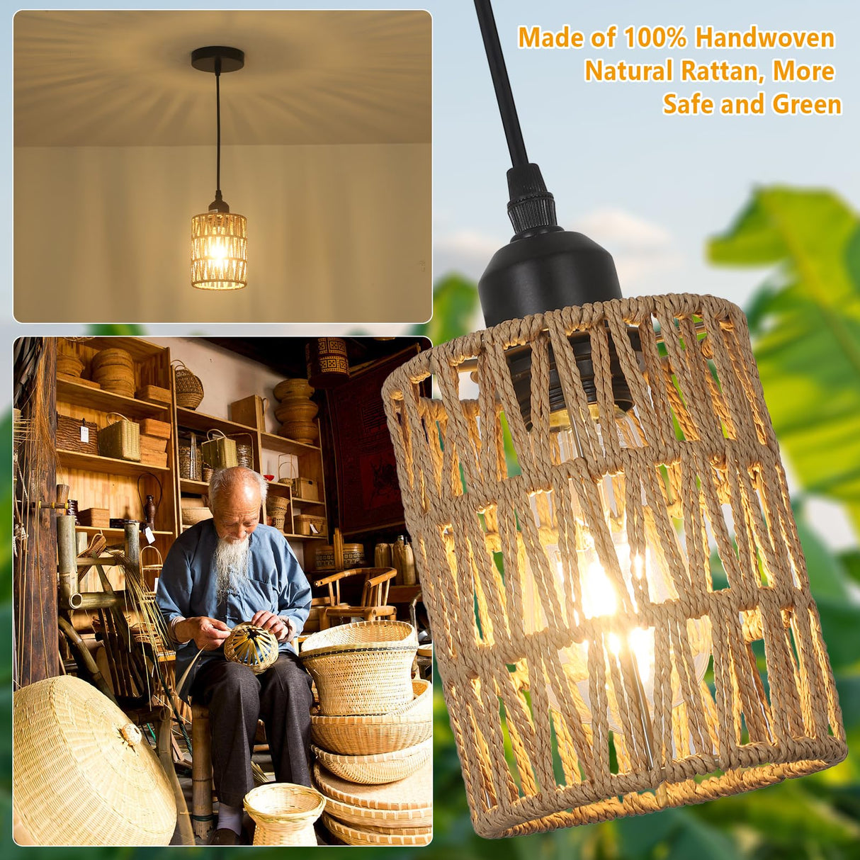 LAMSU Rattan Pendant Lights, Boho Farmhouse Pendant Lighting with Hand Woven Natural Rattan Shade, Small Wicker Light Fixtures Ceiling Hanging for Dining Room Kitchen Bedroom Foyer Hallway LAMSU