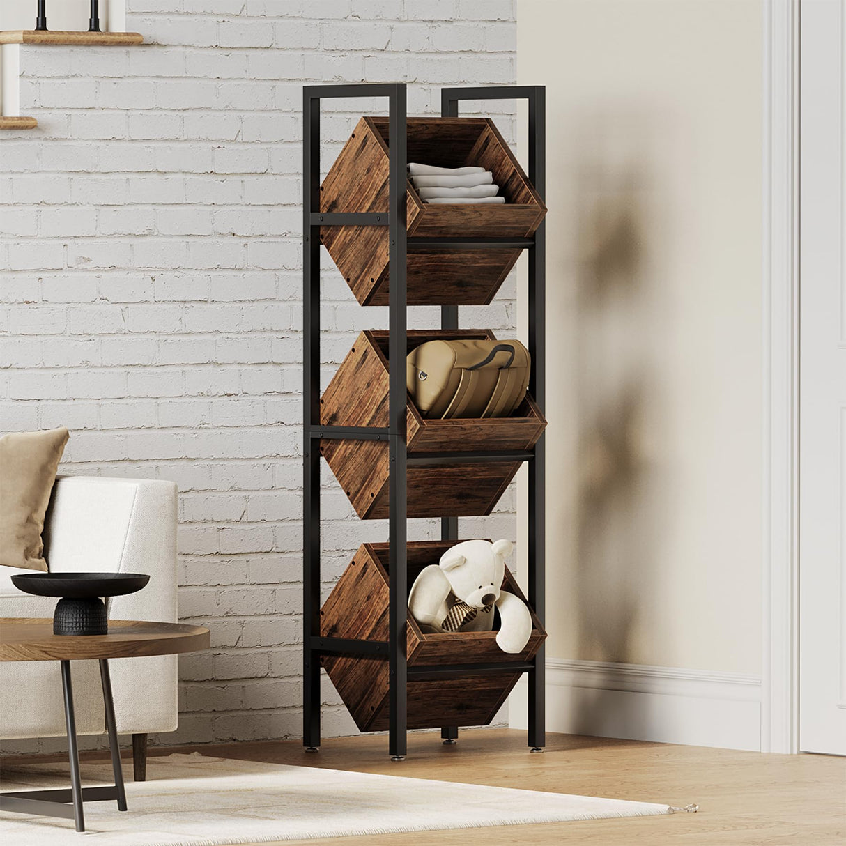 LITTLE TREE 3-Tier Basket Stand, Wooden Floor Stand Shelving Unit, Rustic Standing Organizer Storage Rack for Kitchen, Bathroom, Living Room LITTLE TREE