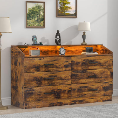 Gyfimoie 6 Drawer Dresser with Power Outlet, Chest of Drawers with LED Light, Modern Dresser with Open Storage Cubby, Double Wide Dresser Organizer for Bedroom, Living Room, Entryway, Hallway