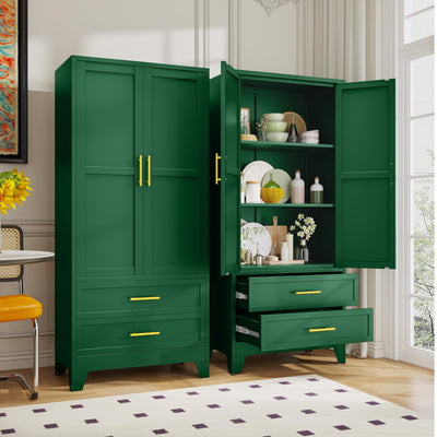 GAIOUS Steel Pantry Cabinet, 71" Metal Storage Cabinets with 2 Doors, 2 Adjustable Shelf and 2 Drawers, Freestanding Storage Cabinet for Bedroom, Kitchen, Living Room, Home Office (Green)
