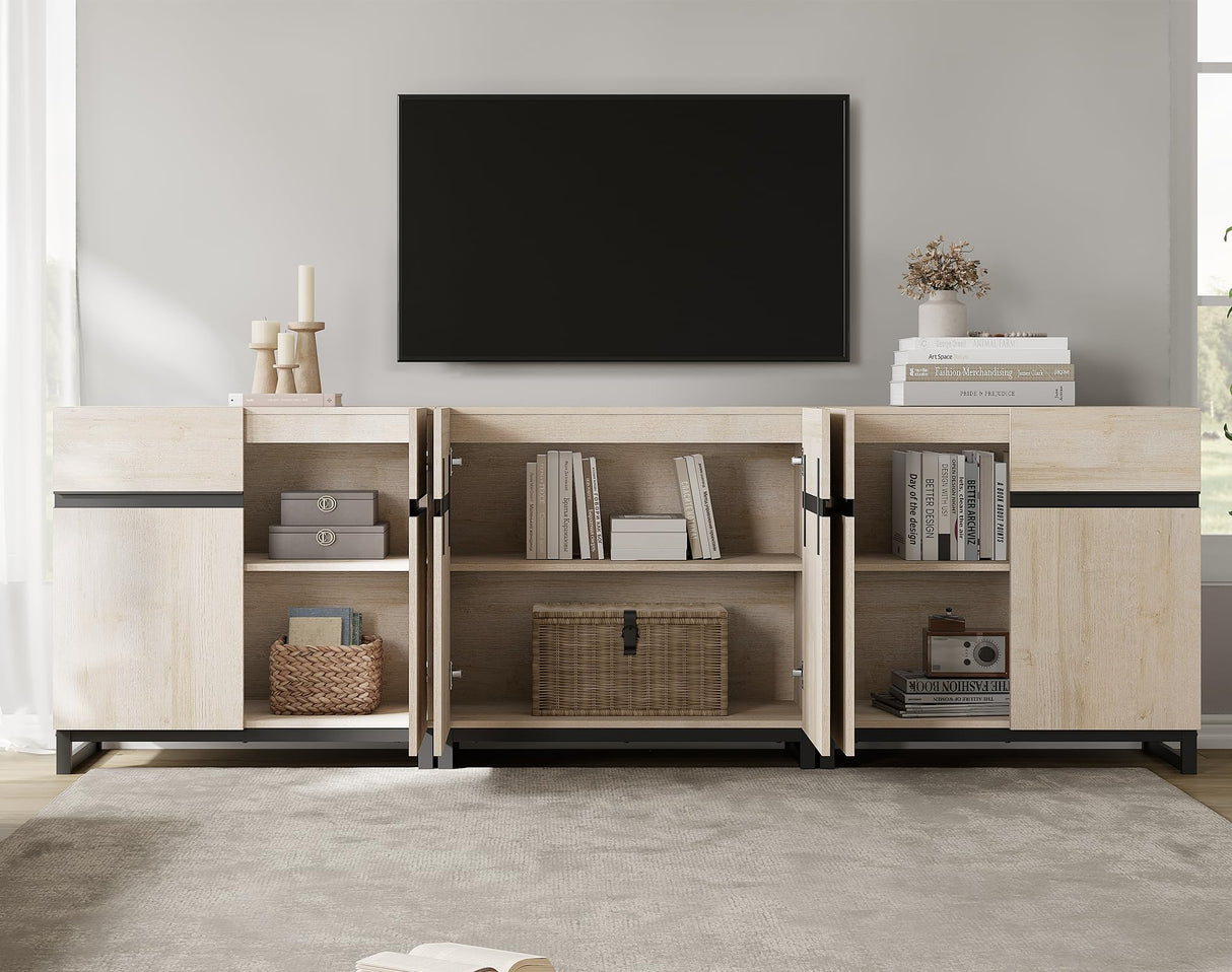 WAMPAT Modern TV Stand for TVs Up to 110 Inch, 3 in 1 Wood Entertainment Center Console Table With Adjustable Shelves and Metal Base for Living Room, Bedroom, Light Oak WAMPAT