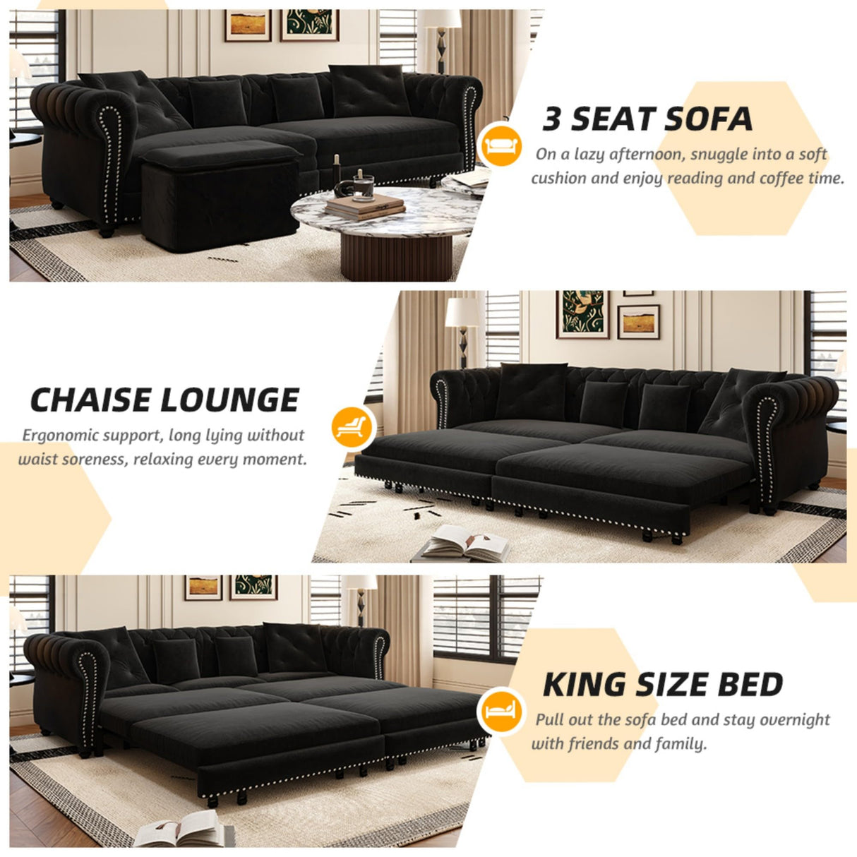 89" Velvet Convertible Sofa Bed Couch - Queen Sleeper Sofa with Ottoman, Button Tufted Chesterfield Sofa, King Size Pull Out Sleeper Couch Bed for Small Spaces Apartments, Living Room, Black Justdwells