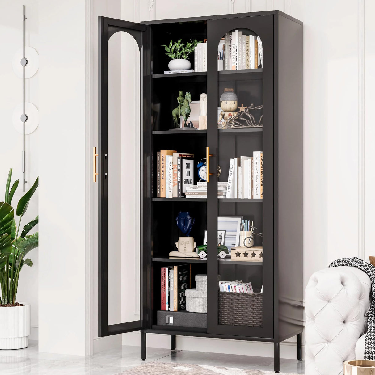 YILFANA 71" Tall Glass Display Case, Curio Cabinet with Adjustable Shelves, Metal Bookcase for Kitchen Pantry, Office, Bathroom - Black YILFANA