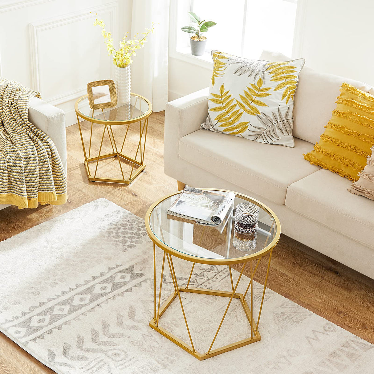 HOOBRO Small Coffee Table Set of 2, Round Coffee End Table with Metal Frame, Glass Top, Gold Side Table for Living Room, Bedroom and Balcony, Modern Style, Gold GD79BZ01 HOOBRO