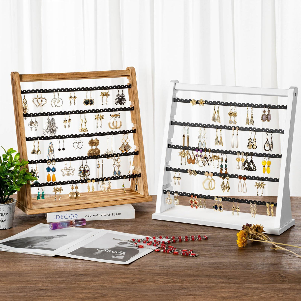 Poyilooo Earring Holder Organizer, Rustic Wood Earring Holder Stand, 5 Layer Jewelry Holder Organizer with 270 Earring Tree Holes Display Rack for Stud Earings & Hoop Earrings, Gifts for Women Poyilooo