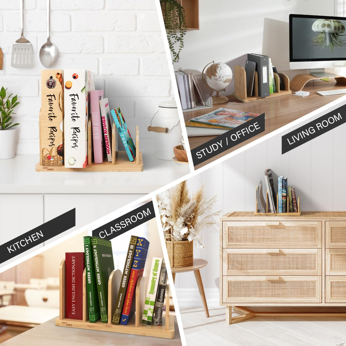 Cook Book Organizer, Recipe Holder Rack, Tabletop Stand for Convenient Cookbook Storage, 4-Slot Stand Kitchen, Binder Holder for Desk & Countertop (Bamboo, 12.6 x 8 7.72'') CraftSaints