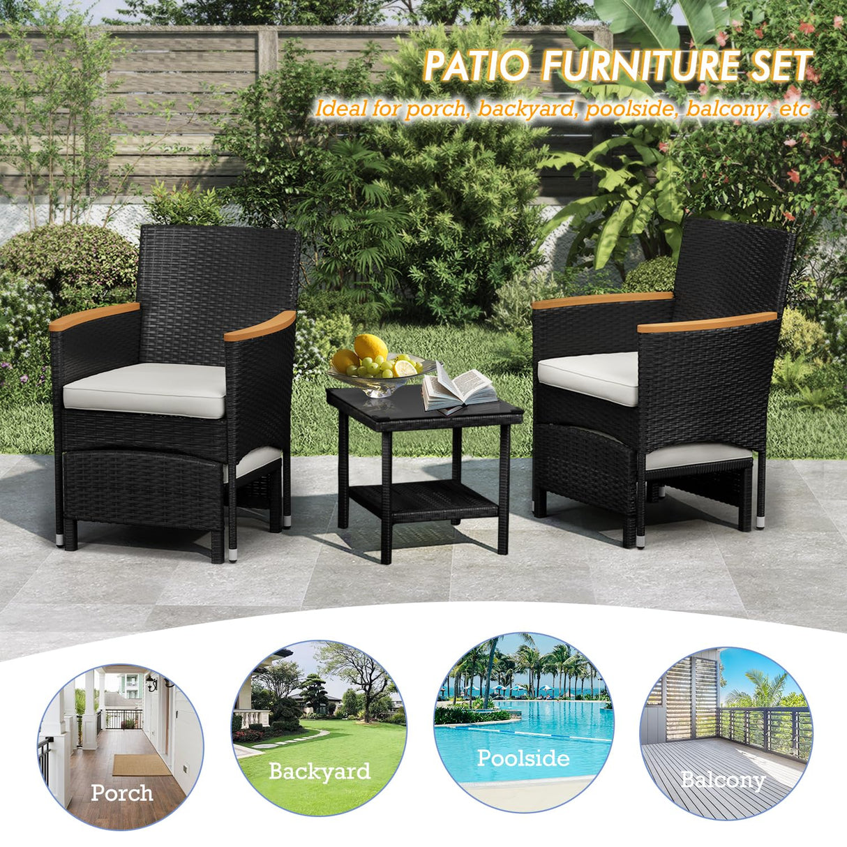 ARTBUSKE 5 PCS Outdoor Patio Furniture Set with Table&Ottoman Outdoor Furniture Patio Set Bistro Wicker Patio Set (Black Wicker&White Cushion, 5PC - 2 Chair + 2 Ottoman + 1 Table) ARTBUSKE