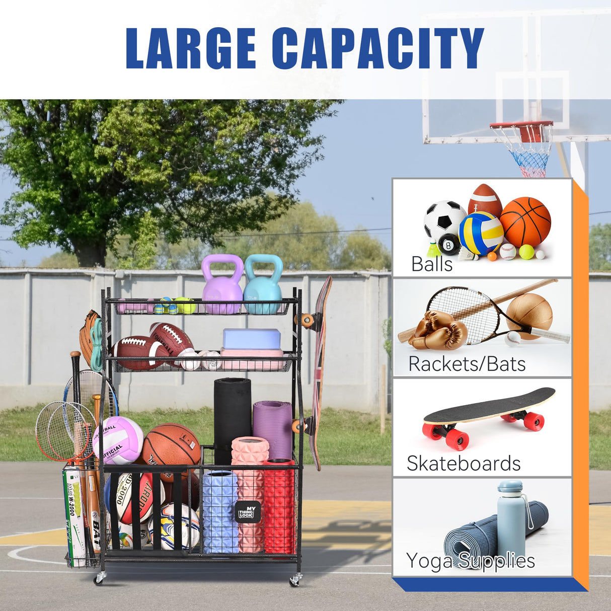 Mythinglogic Garage Sports Equipment Organizer, Baseball Storage Large Capacity, Sports Organizer for Garage with Hooks and Baskets, Ball Storage Rack for Football, Soccer Ball, Bat, Toys Mythinglogic