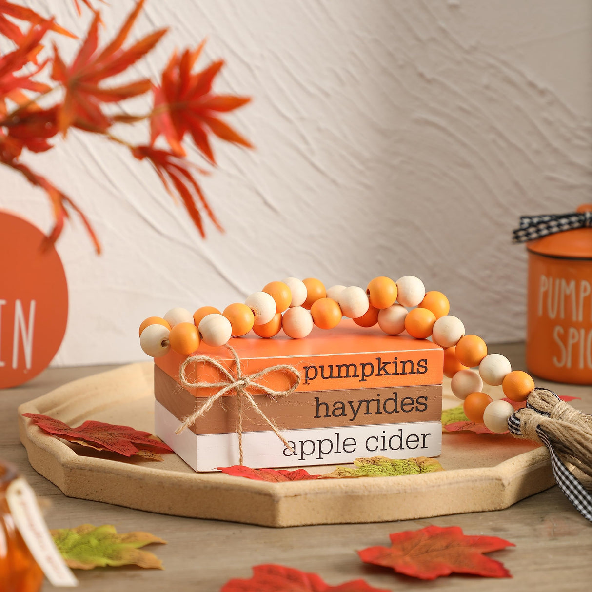 Fall Tiered Tray Décor, Wood Book Stack with Maple Leaves and Fall Bead Garland, Fall Decor for Table, Farmhouse Mini Decorative Books Bundle KORMMCO