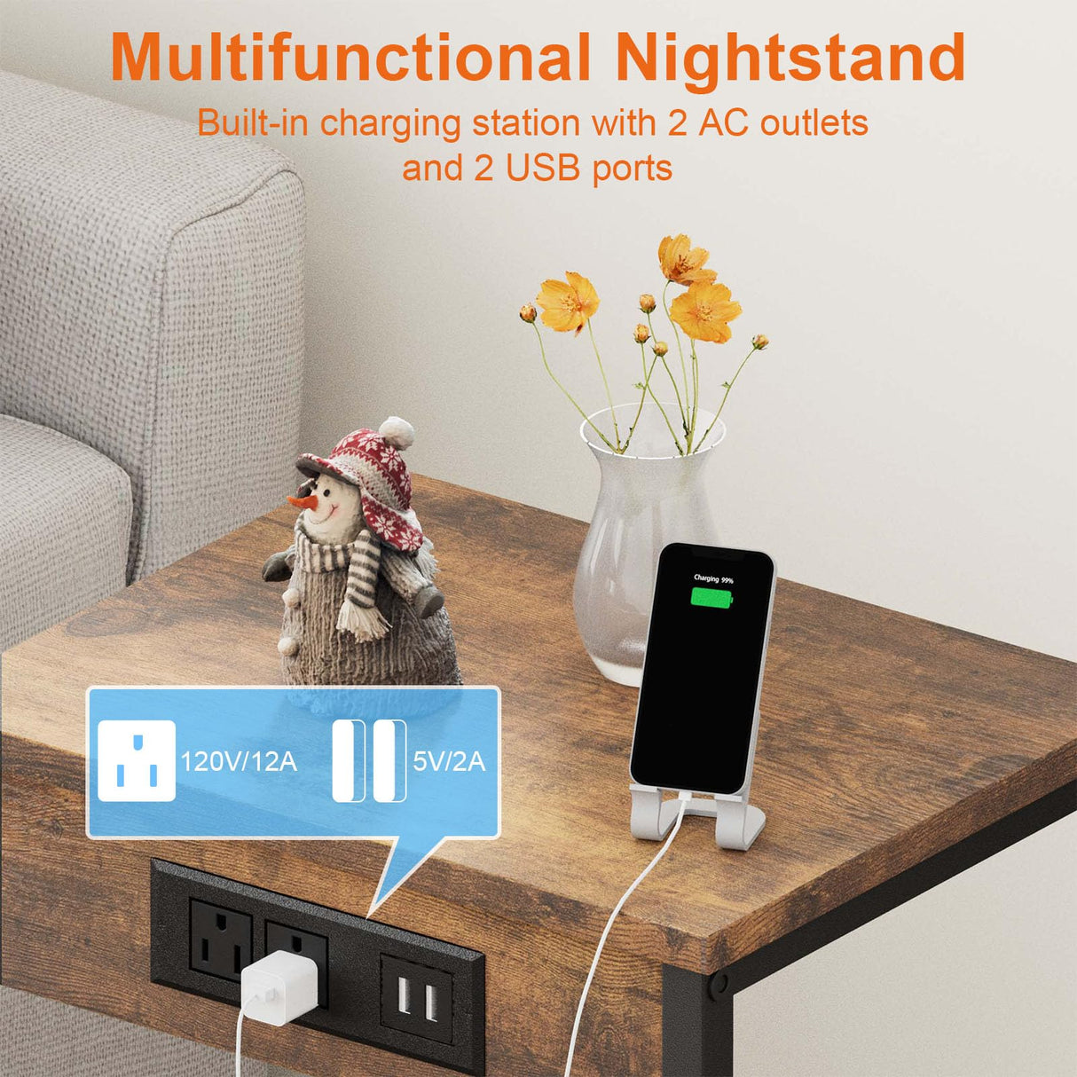 Fixwal Nightstands Set of 2 with Charging Station, End Tables with U-S-B Ports and Power Outlets, Narrow Bedside Table Set of 2 for Living Room, Farmhouse, Sofa Couch (Rustic Brown) Fixwal