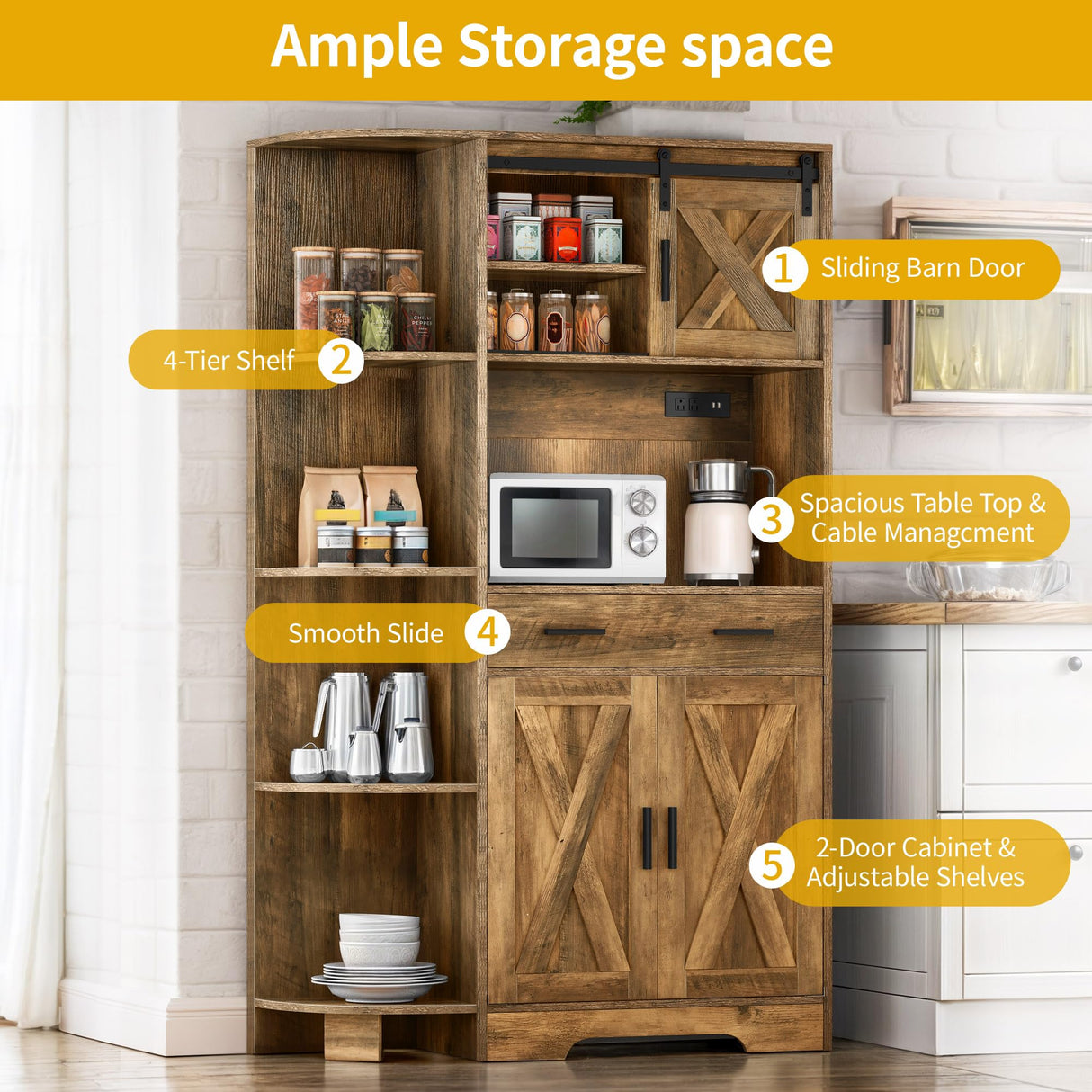 DWVO 67.3" Farmhouse Kitchen Pantry, Storage Cabinet Baker Rack with Power Outlet, Freestanding Hutch with Barn Door & Drawer, Buffet Sideboard with Microwave Stand for Dining Room, Rustic Brown DWVO