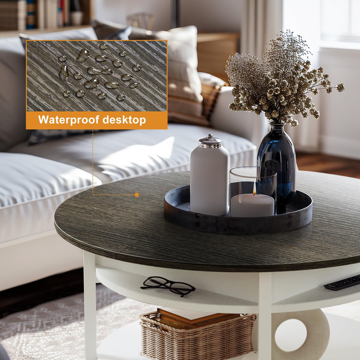 FABATO 35.43”Round Lift-Top Coffee Table Large Storage with Hidden Compartment Round Coffee Table 2-Tier Farmhouse Style Living Room Table Round Dining Coffee Table,White FABATO