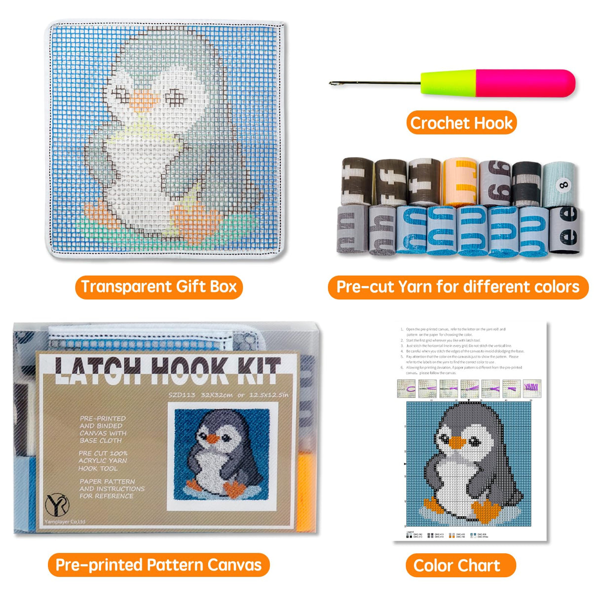 YP Latch Hook Kits for Kids Adults DIY Rug Tapestry Kits with Printed Canvas Embroidery Kits Festival Gifts Home Decoration (Penguin,11.8inch X 11.8inch) YP