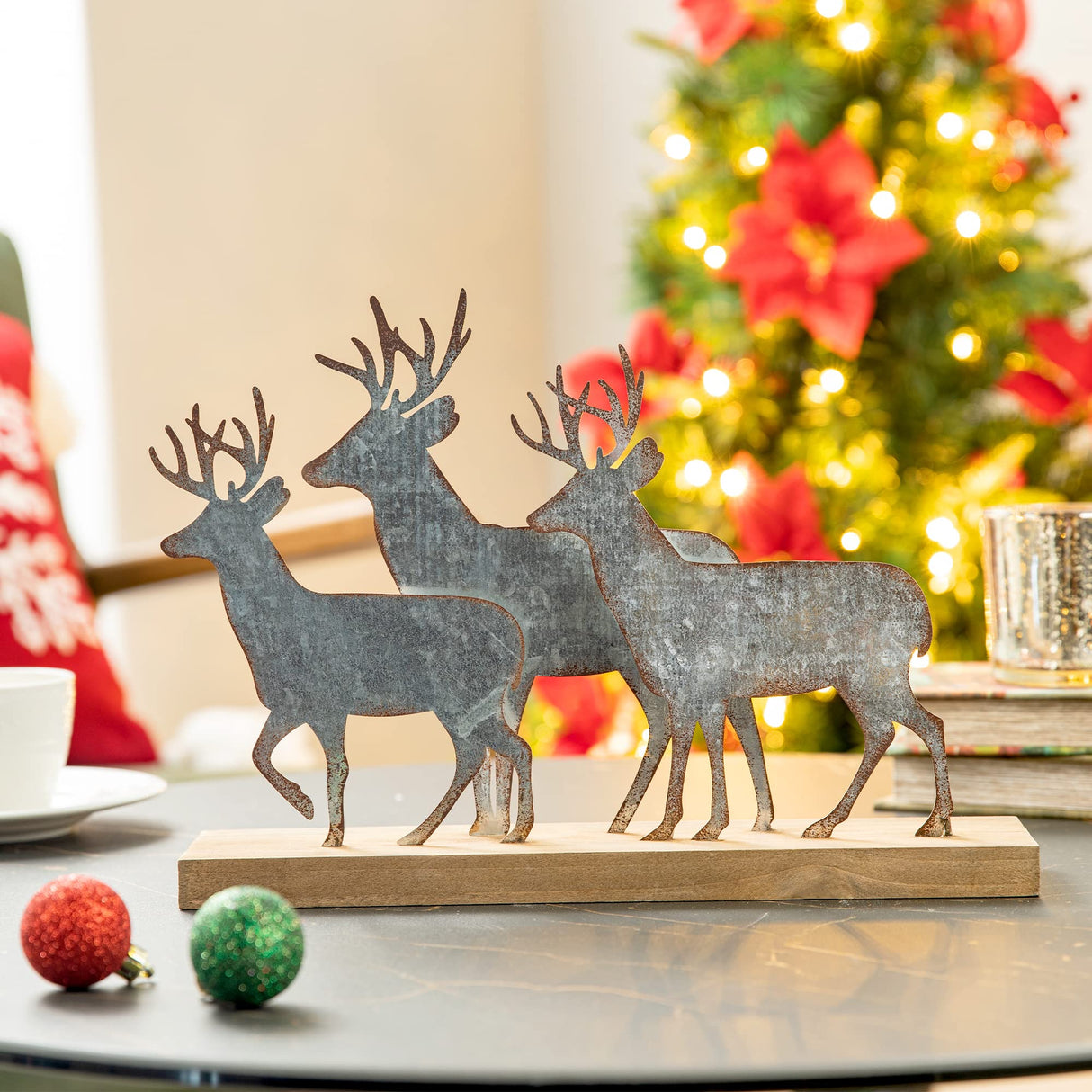 Glitzhome Christmas Reindeer Table Decoration, 12.81 Inches Metal Reindeer Decor with Wood Base, Farmhouse Galvanized Deer Decor for Home Rustic Xmas Mantle Shelf Desk Glitzhome