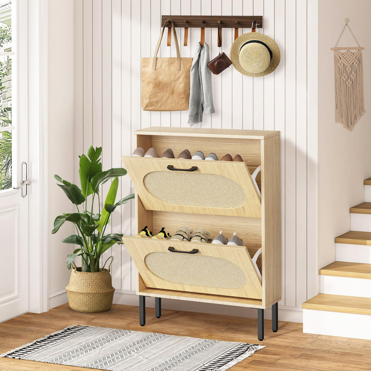 Crownland Shoe Cabinet, Shoe Storage Cabinet with 2 Flip-Out Drawers, Modern Two-Tier Shoe Rack Cabinet for Entryway, Hallway, Living Room(Wood) Crownland