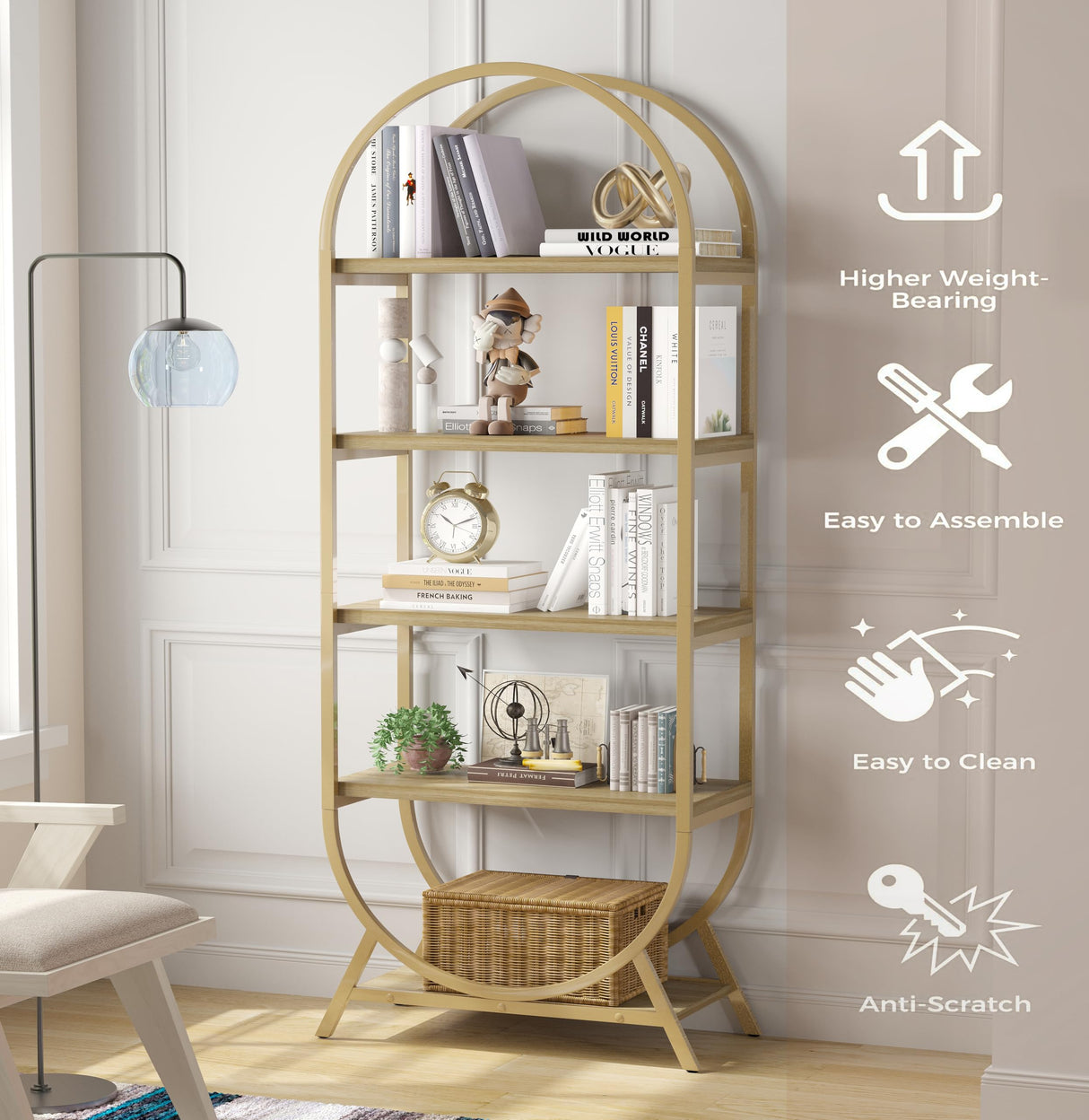 Kogven Bookshelf Arched Bookcase, Industrial 5 Tier Open Book Shelves with Metal Frame, 72" Tall Freestanding Display Rack for Home Office, Living Room,Nature Wood and Gold Kogven