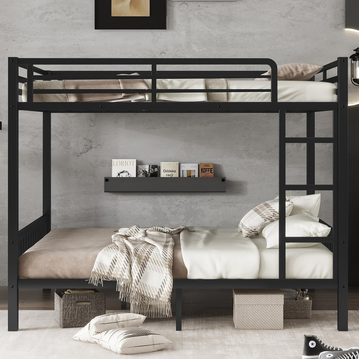 Queen Over Queen Bunk Beds for Adults, Metal Bunk Bed Queen Size,Heavy-Duty Bunk Bed Frame with Ladder and Slats Support for Boys Girls,Space-Saving,Noise Reduced,Black MoproBeti