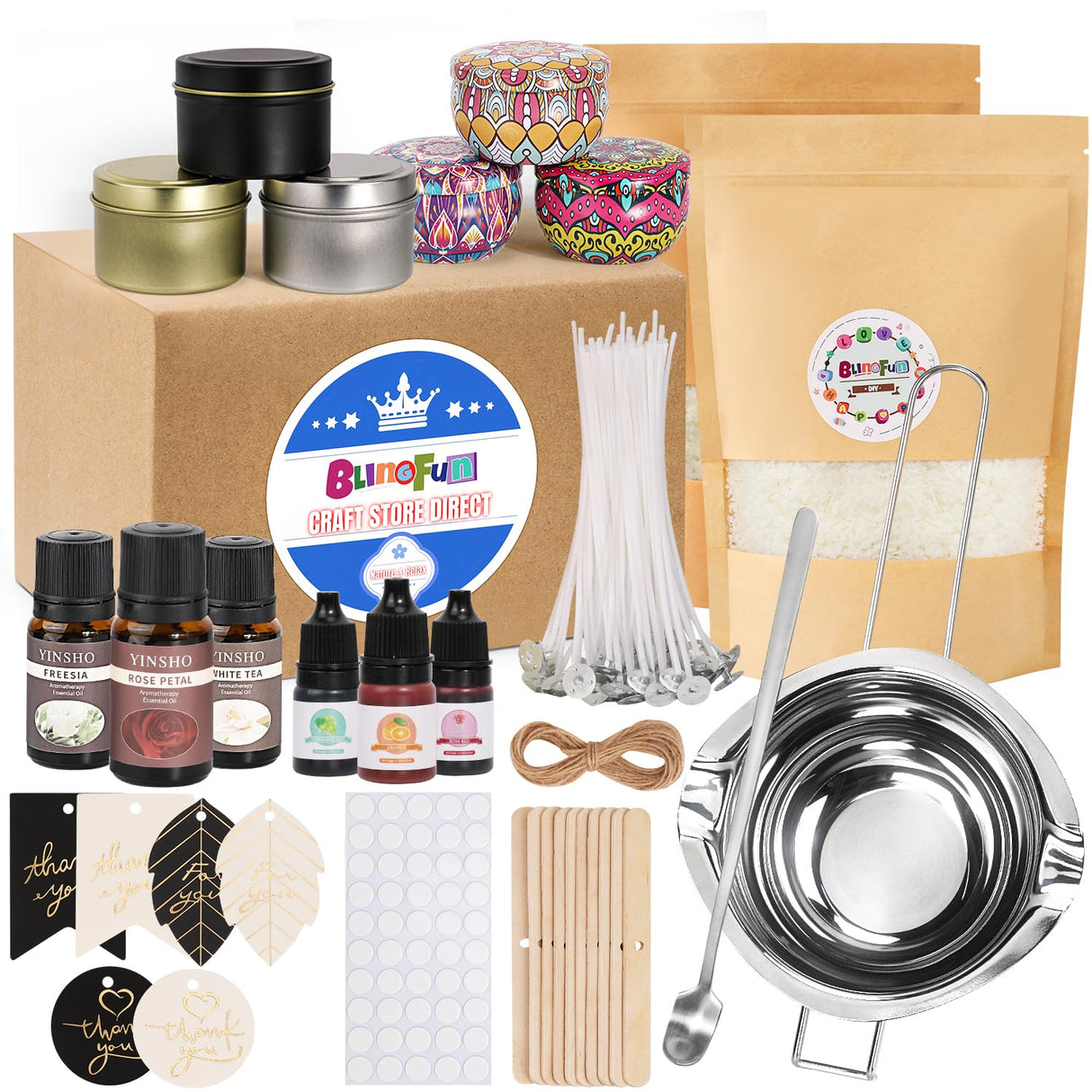 Blingfun 2LB Soy Wax Candle Making Kit,DIY Candle Making Supplies with Wicks, Stickers,Candle Jar, Melting Pot,Fragrances Oils & Dyes,Scented Candle Starter Full Kit for Adults Blingfun