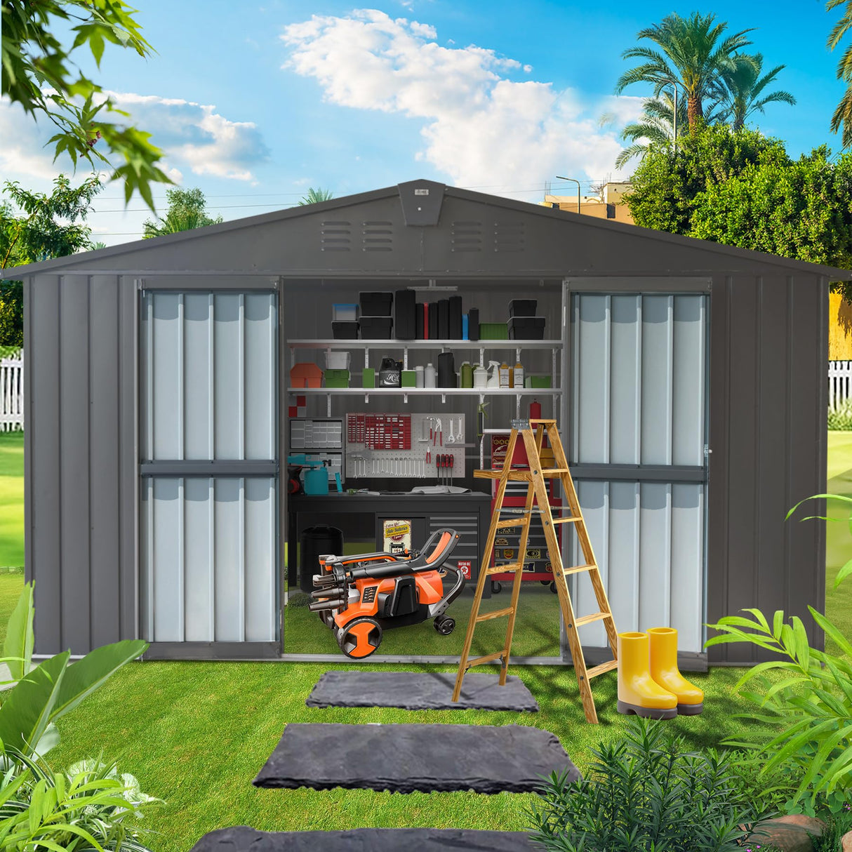Domi Outdoor Storage Shed 11’ x 9’, Metal Sheds with Galvanized Steel Frame & Windows & Lockable Door, Garden Shed Tool Storage Room for Patio(Dark Gray) domi outdoor living