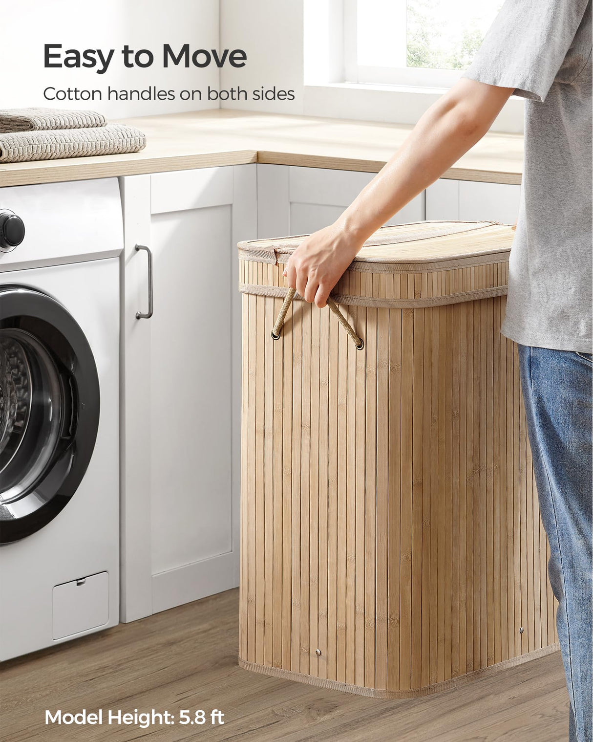 SONGMICS Laundry Hamper with Lid, Bamboo Laundry Basket, Removable Machine Washable Laundry Basket, with Handles, 26.4-Gallons, for Laundry Room, Bedroom, Bathroom, Natural ULCB063N01 SONGMICS