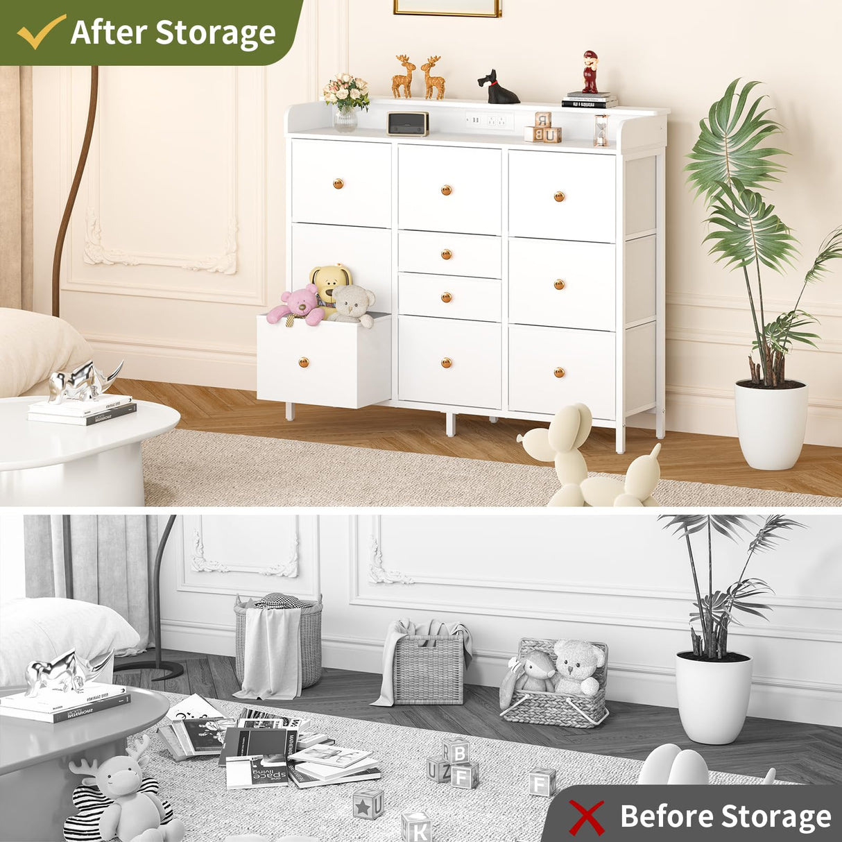 Yoobure Dresser for Bedroom with Charging Station and LED Lights, Tall TV Stand with 10 Storage Drawers, Fabric Wood Dressers & Chests of Drawers for Kids Bedroom Closet Organizer, White Yoobure