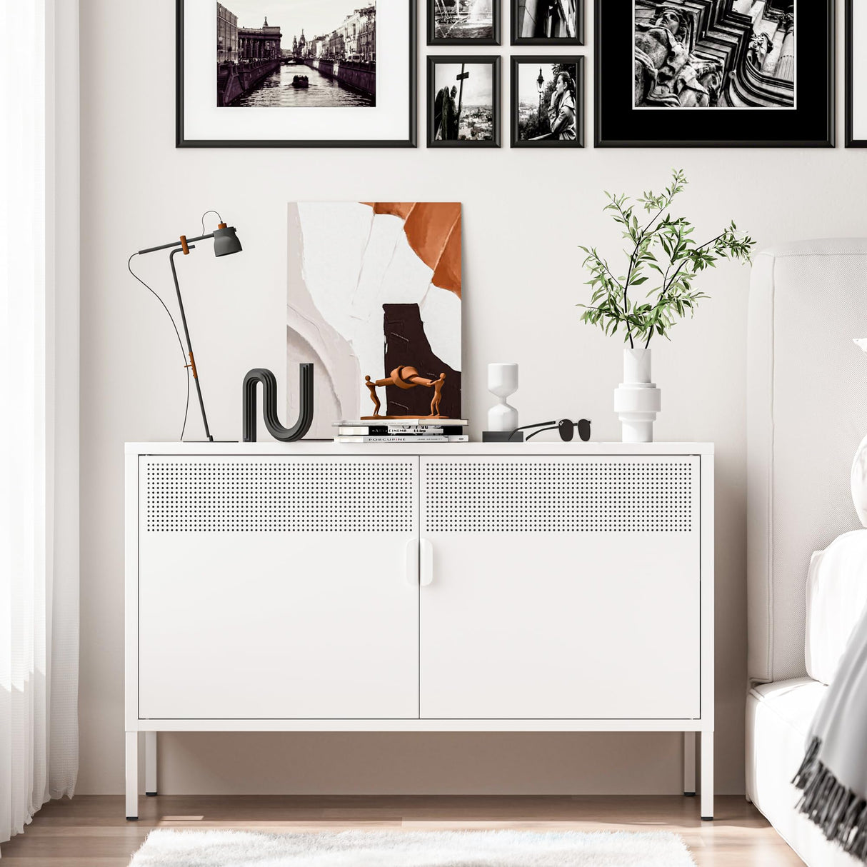 2 Door Storage Sideboard, Metal Storage Cabinet with 2 Adjustable Shelf,Multipurpose Metal Accent Cabinet for Office Home,Music Studio (White, 25''H) Washsemba