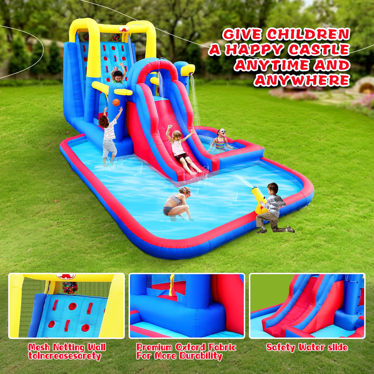 WELLFUNTIME Inflatable Water Slide Park with Large Climbing Wall, Dual Target, Deep Pool and Basketball Rock, Bounce House with Air Blower WELLFUNTIME