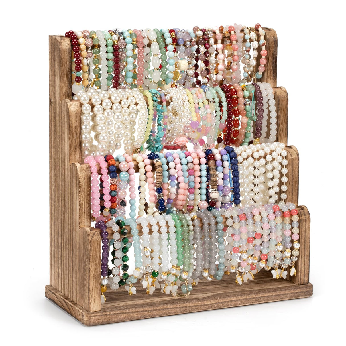 Emfogo Bracelet Holder, 4 Tier Bracelet Organizer Storage for Bracelets Bangles Watch Scrunchies, Rustic Wood Jewelry Organizer Display for Home, Vendors, Craft Shows and Store(Rustic Brown) Emfogo